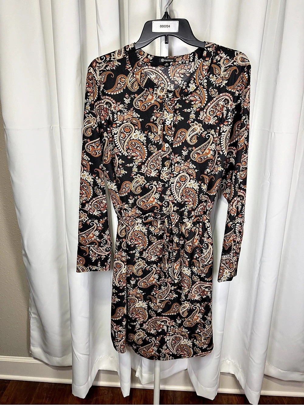 Versona Women’s XL Black Paisley Long Sleeve Belted Shirt Dress Boho